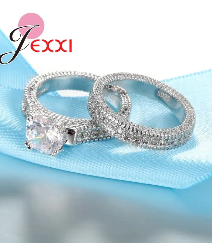 Conjunto de anillos elegantes de Plata de Ley 925 para mujer, 2 uds., pavimentado, cristales brillantes de alta calidad, joyería de boda para novia 2