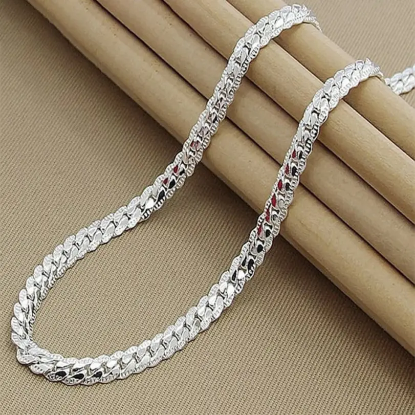 collar de Plata de Ley 925 con cadena lateral de 6mm, 8/18/20/22/24 pulgadas, moda para hombre y mujer, regalo de joyería de compromiso de boda 1