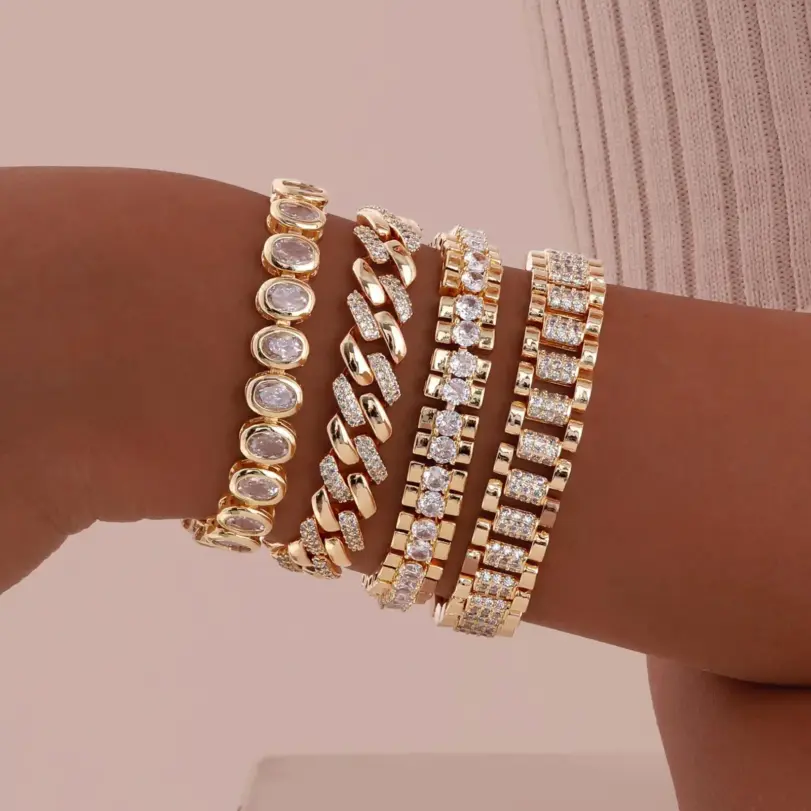 Pulseras de cadena de bloque Vnox para mujer con incrustaciones de circonita cúbica, joyería chapada en oro, regalos para novia 3