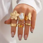 6 unids/set de anillos de flores de Metal Vintage para mujer, anillos de nudillos de perlas de imitación barrocas elegantes Punk, uso diario, regalos de fiesta y vacaciones 1