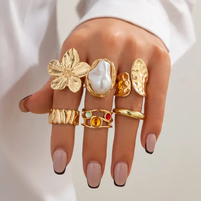 6 unids/set de anillos de flores de Metal Vintage para mujer, anillos de nudillos de perlas de imitación barrocas elegantes Punk, uso diario, regalos de fiesta y vacaciones 1