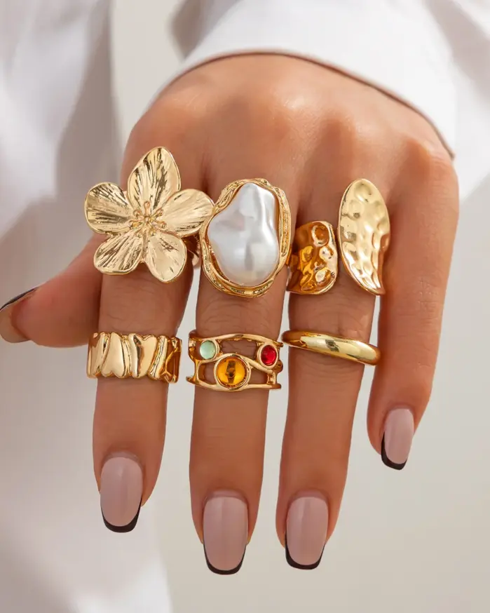 6 unids/set de anillos de flores de Metal Vintage para mujer, anillos de nudillos de perlas de imitación barrocas elegantes Punk, uso diario, regalos de fiesta y vacaciones 1