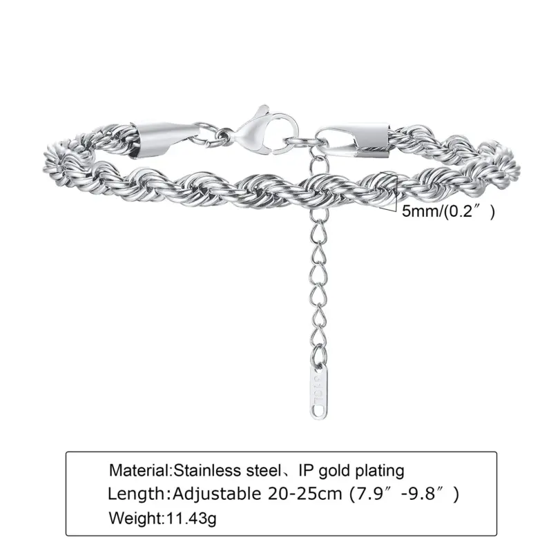 Pulseras de cuerda de acero inoxidable de 2-5MM para hombres y niños, pulsera de eslabones de Color dorado y plateado ajustable, regalo de joyería genial Punk Rock 6