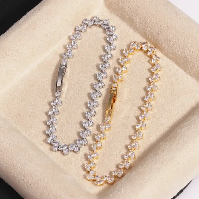 Pulsera de mujer, Circonia cúbica brillante a la moda, pulseras de tenis de hojas de Color oro rosa para mujeres y niñas, regalos de joyería para fiesta y boda 2