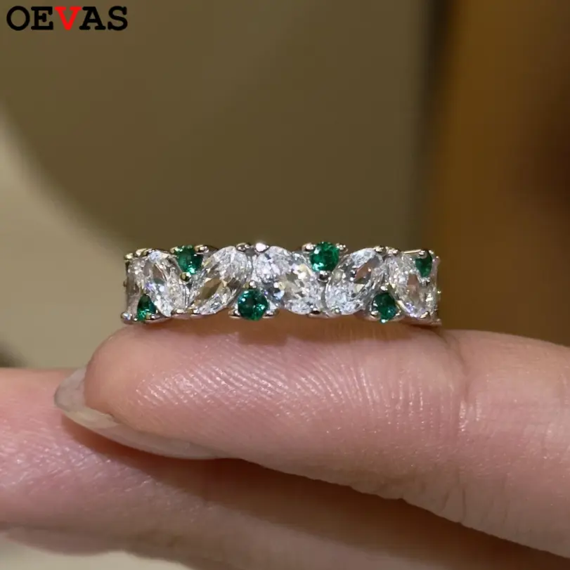 anillos ovalados brillantes blancos y verdes con diamantes de alto carbono, anillo de boda de 100% Plata de Ley 925 para mujer, joyería fina para fiesta 3