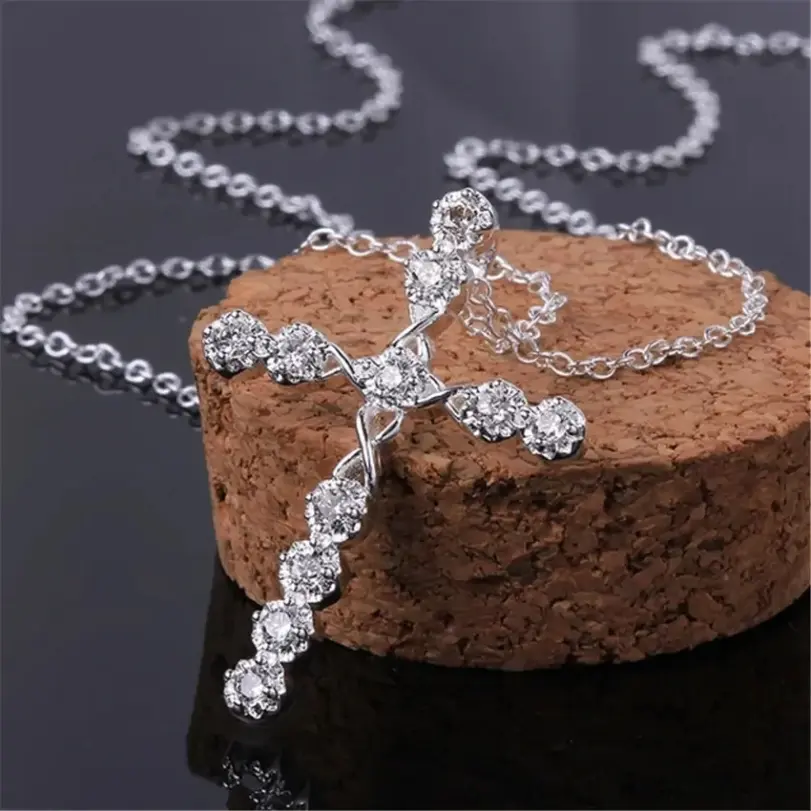 Collar de cristal de Plata de Ley 925 de 45cm, dijes de boda para mujer, joyería de moda noble, cruz clásica, bonito regalo 5