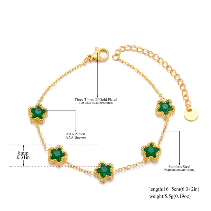 pulsera de estrella de acero inoxidable para mujer, brazalete de lujo de circonia cúbica verde y blanca, resistente al agua, cadena Premium, joyería B24003 2