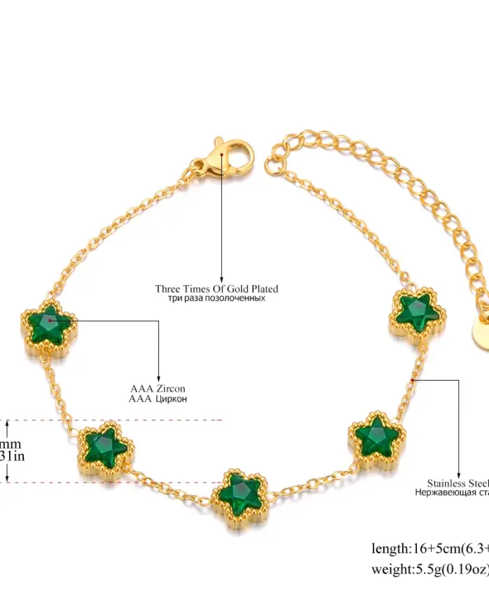 pulsera de estrella de acero inoxidable para mujer, brazalete de lujo de circonia cúbica verde y blanca, resistente al agua, cadena Premium, joyería B24003 2