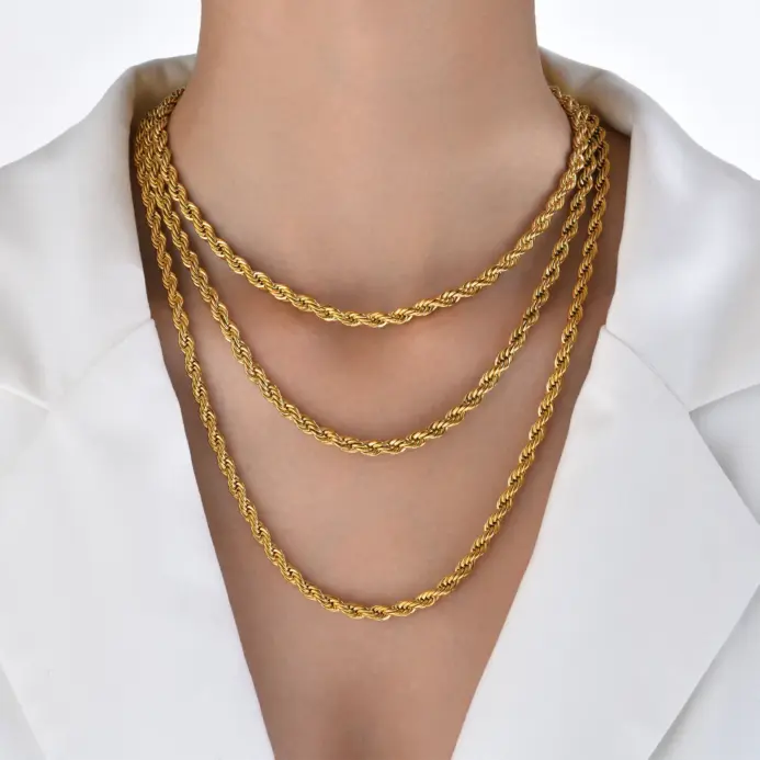 collares delicados de cadena de cuerda de Color dorado para mujeres y hombres, Collar trenzado elegante, eslabón de acero inoxidable resistente al agua de 2/3/4/5mm de ancho 2