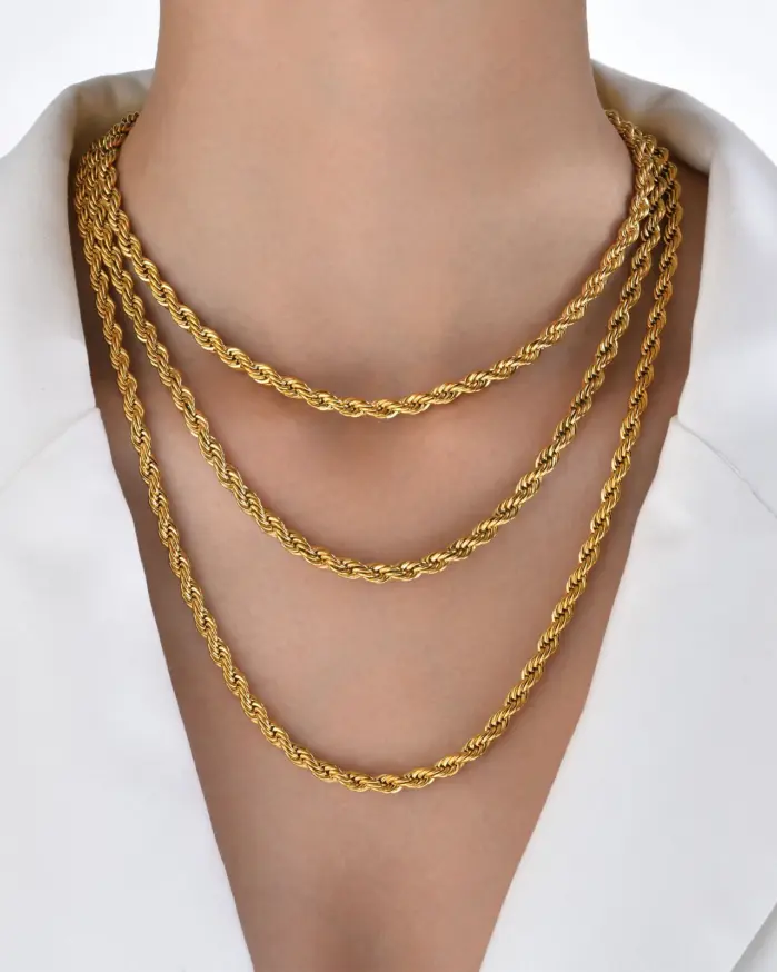 collares delicados de cadena de cuerda de Color dorado para mujeres y hombres, Collar trenzado elegante, eslabón de acero inoxidable resistente al agua de 2/3/4/5mm de ancho 2