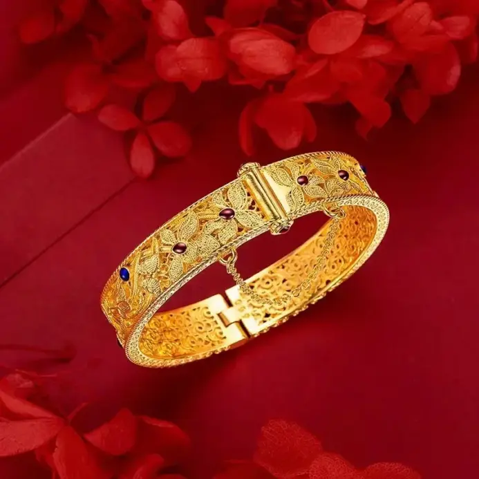 Pulsera de oro puro de 24 quilates AU999, joyería femenina de filigrana hueca de estilo palaciego retro con corazón de orquídeas esmaltado de tendencia nacional 1