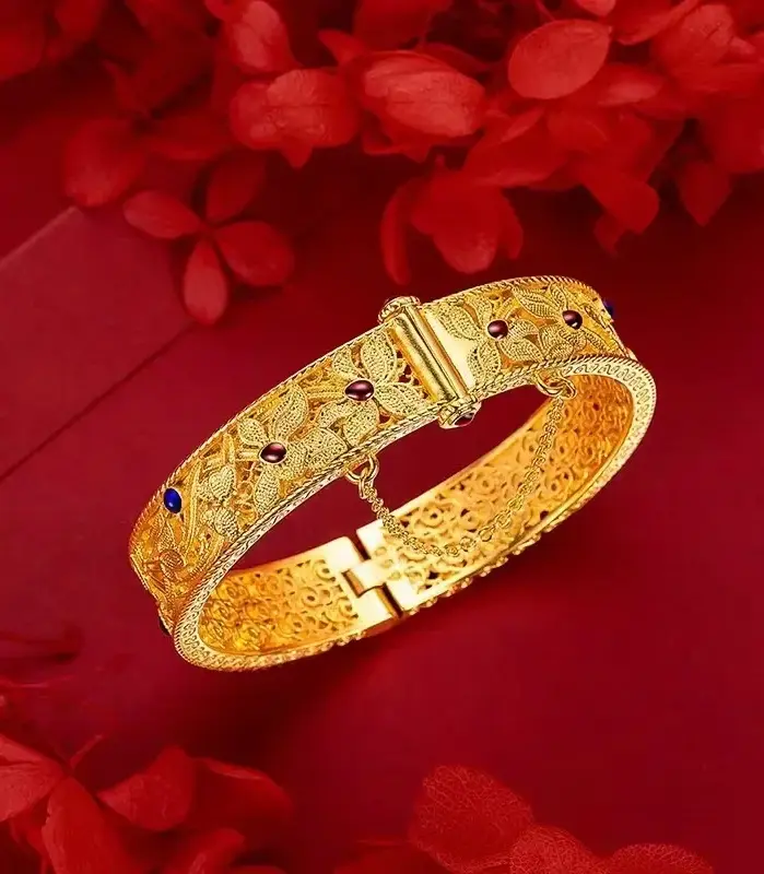 Pulsera de oro puro de 24 quilates AU999, joyería femenina de filigrana hueca de estilo palaciego retro con corazón de orquídeas esmaltado de tendencia nacional 1