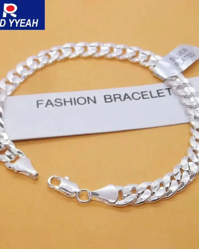Pulsera de plata 925 a la moda, 6mm, 18/19/20cm, cadena lateral plana, cierre de langosta para mujer, hombre, regalo de joyería de compromiso de boda 1