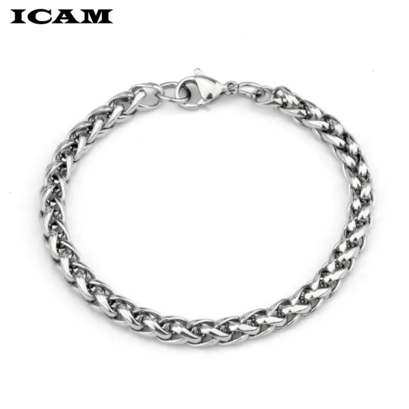 Pulsera y brazalete ICAM para hombre, regalo de Navidad 2018, pulsera de acero inoxidable, eslabones de Color plateado, joyería de doble cadena de trigo, envío directo 6