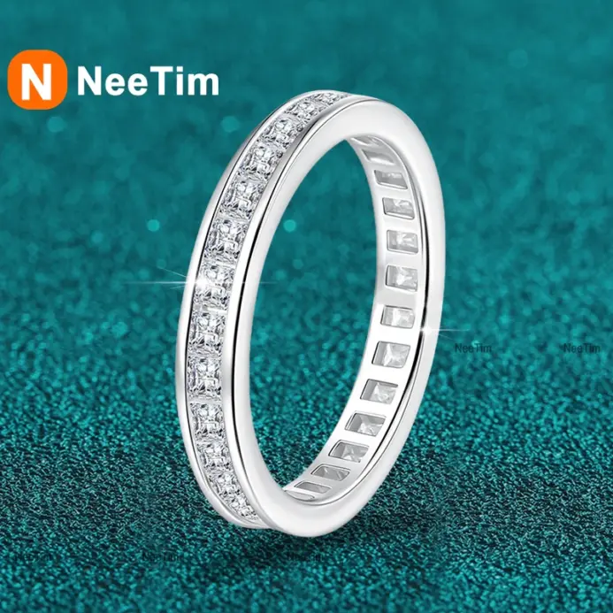 Anillo NeeTim de moissanita de corte princesa completo para mujer, Plata de Ley 925, anillos de boda de compromiso con diamantes de laboratorio, bandas de joyería GRA 1