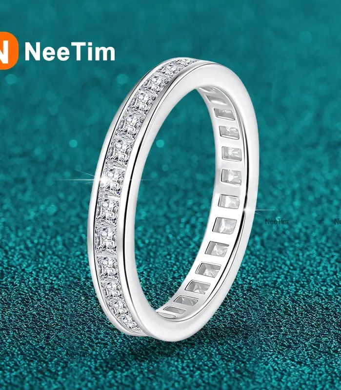 Anillo NeeTim de moissanita de corte princesa completo para mujer, Plata de Ley 925, anillos de boda de compromiso con diamantes de laboratorio, bandas de joyería GRA 1