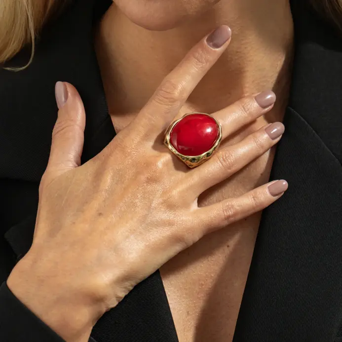anillos anchos de resina geométrica ovalada roja Vintage, anillos gruesos clásicos elegantes de Color dorado, joyería de moda para festivales de música 2