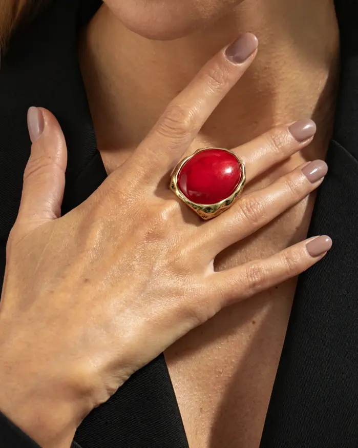 anillos anchos de resina geométrica ovalada roja Vintage, anillos gruesos clásicos elegantes de Color dorado, joyería de moda para festivales de música 2
