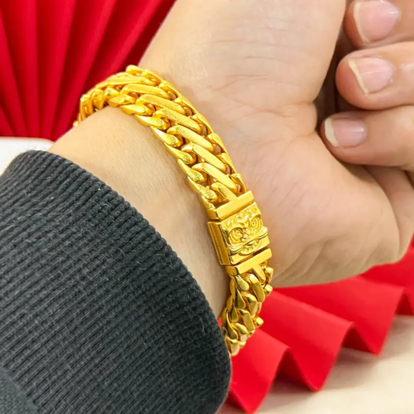 Pulsera de lujo para hombre de oro puro 24K 9999, diseño antiguo con látigo de león y tres látigos de caballo, pulsera cubana estilo jefe. 6