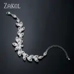 ZAKOL Pulseras de Moda con Dijes de Flor de Circonia para Mujer, Pulsera de Hoja Micro Pavimentada, Joyería para Novias y Fiestas de Boda 4