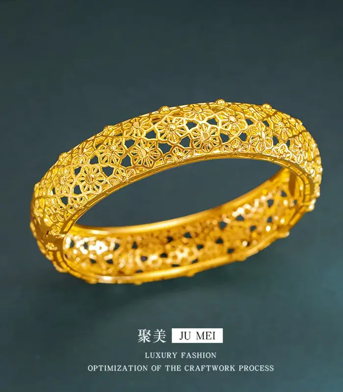 Pulsera de flores caladas con hebilla para mujer, oro puro 24K 9999 de lujo, oro real 2