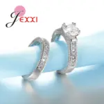 Conjunto de anillos elegantes de Plata de Ley 925 para mujer, 2 uds., pavimentado, cristales brillantes de alta calidad, joyería de boda para novia 3