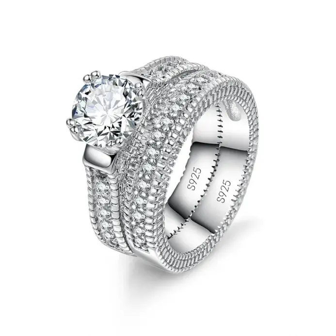 Conjunto de anillos de compromiso de boda elegantes, accesorio de aniversario de Color Plata de Ley 925 con piedra de circón Cubiz totalmente brillante 1