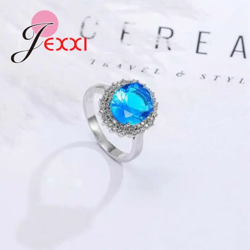 Anillos de plata auténtica S925 para mujer, anillo de circón azul, piedra azul claro, regalo romántico, joyería de compromiso, tamaño 6-10 3