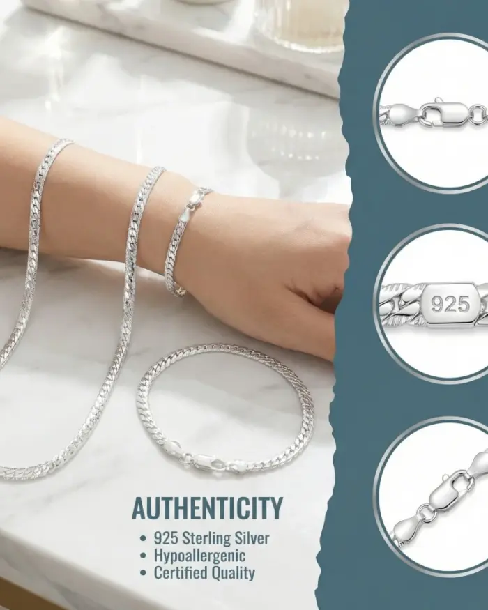 Plata de Ley 925, 2 piezas, collar de cadena lateral completa, pulsera, conjunto de joyería de moda para hombres y mujeres, regalo de boda 2