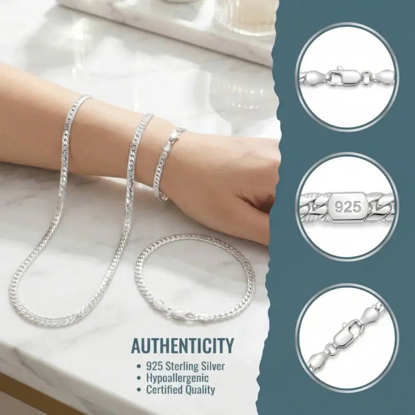 Plata de Ley 925, 2 piezas, collar de cadena lateral completa, pulsera, conjunto de joyería de moda para hombres y mujeres, regalo de boda 2