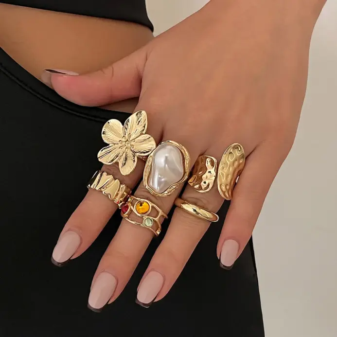 6 unids/set de anillos de flores de Metal Vintage para mujer, anillos de nudillos de perlas de imitación barrocas elegantes Punk, uso diario, regalos de fiesta y vacaciones 2