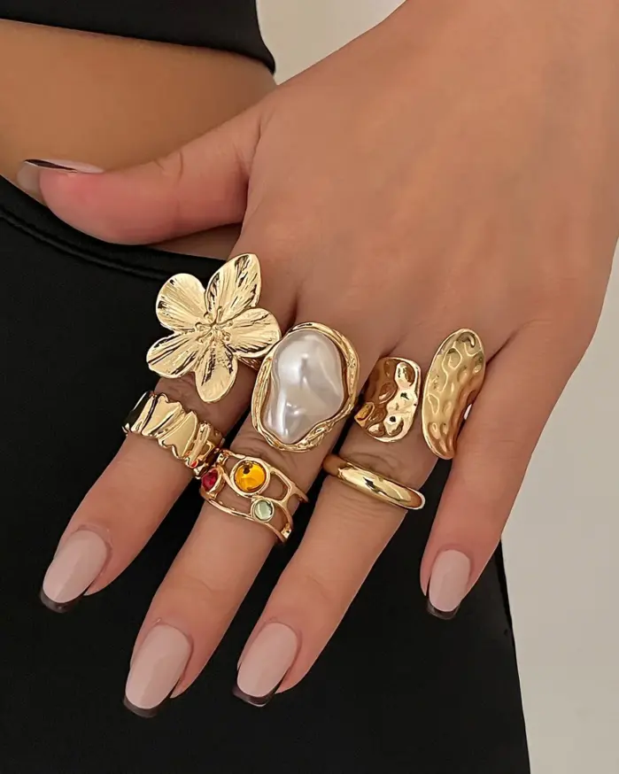 6 unids/set de anillos de flores de Metal Vintage para mujer, anillos de nudillos de perlas de imitación barrocas elegantes Punk, uso diario, regalos de fiesta y vacaciones 2