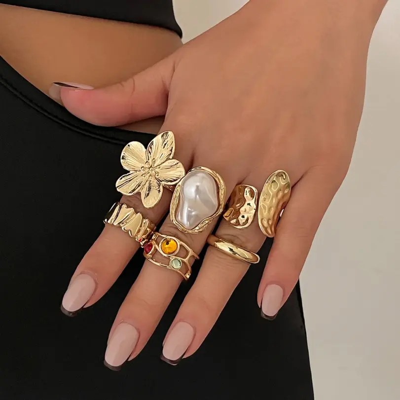 6 unids/set de anillos de flores de Metal Vintage para mujer, anillos de nudillos de perlas de imitación barrocas elegantes Punk, uso diario, regalos de fiesta y vacaciones 2