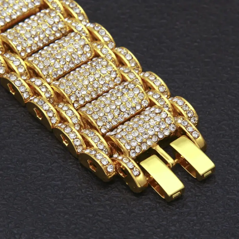 Pulsera de lujo de oro puro 24K 9999 de oro real de Hip-Hop para hombre, pulsera tridimensional de 35mm de ancho con diamantes exagerados 4