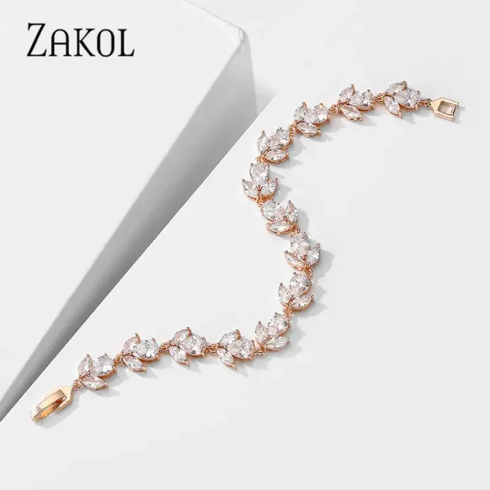 pulseras nupciales de circonia cúbica a la moda para mujer, brazaletes con dijes de hojas de Color oro blanco, joyería de boda de cristal transparente BP2178 2