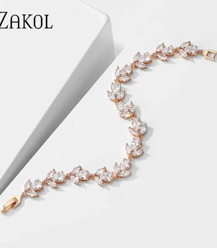 pulseras nupciales de circonia cúbica a la moda para mujer, brazaletes con dijes de hojas de Color oro blanco, joyería de boda de cristal transparente BP2178 2