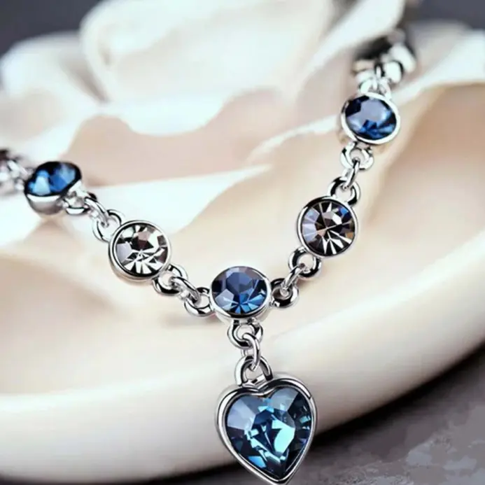 Pulsera de la suerte de Color plateado para mujer, Pulseras con dije de corazón de cristal azul para mujer, joyería fina de compromiso para boda y novia, regalo 2