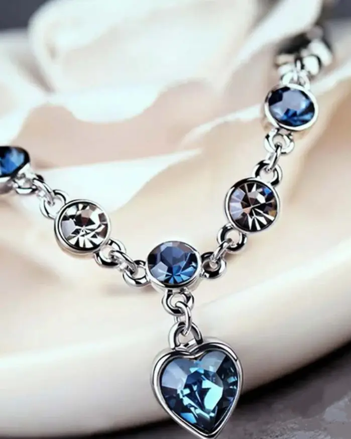 Pulsera de la suerte de Color plateado para mujer, Pulseras con dije de corazón de cristal azul para mujer, joyería fina de compromiso para boda y novia, regalo 2