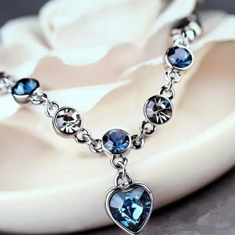 Pulsera de la suerte de Color plateado para mujer, Pulseras con dije de corazón de cristal azul para mujer, joyería fina de compromiso para boda y novia, regalo 2