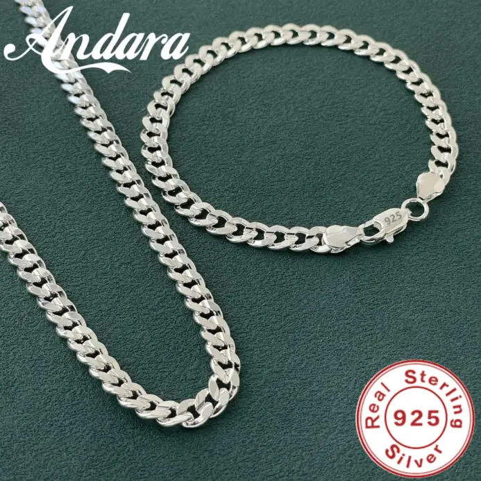 Abalorio de plata de ley 925 de alta calidad, pulseras de cadena de 7MM, collares, conjunto de joyería para hombre y mujer, regalos de boda para fiesta a la moda 1