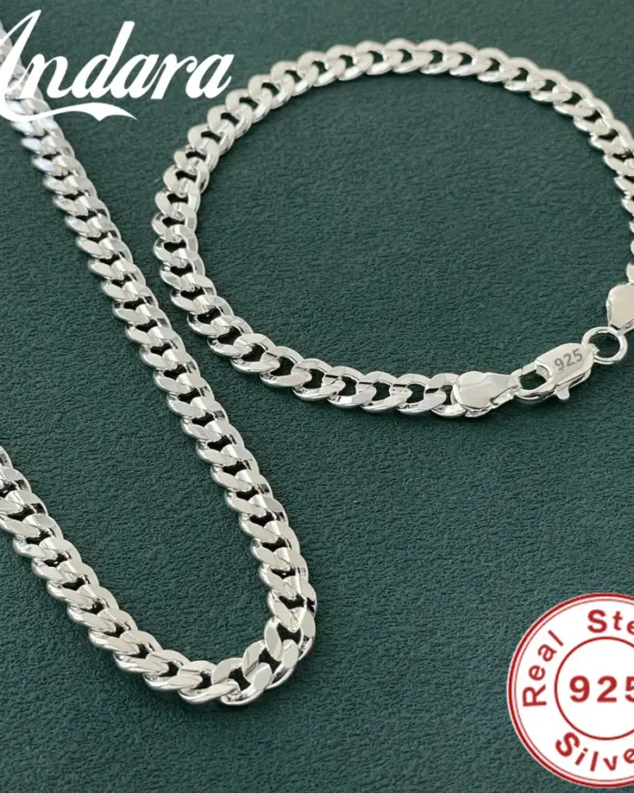 Abalorio de plata de ley 925 de alta calidad, pulseras de cadena de 7MM, collares, conjunto de joyería para hombre y mujer, regalos de boda para fiesta a la moda 1