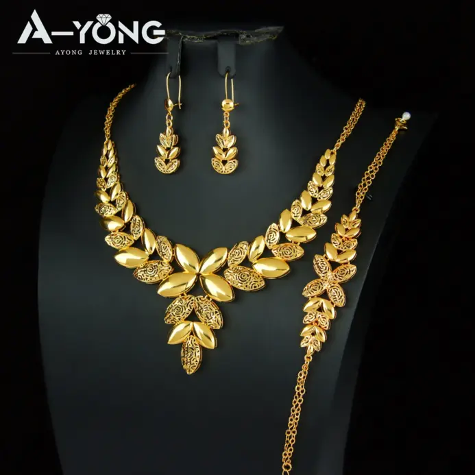Precioso conjunto de joyería de boda de Dubái, chapado en oro de 24k, collar nupcial nigeriano, pulsera, pendientes, joyería árabe para mujer 1