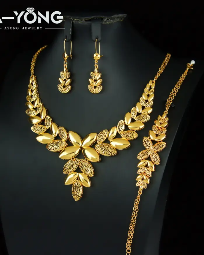Precioso conjunto de joyería de boda de Dubái, chapado en oro de 24k, collar nupcial nigeriano, pulsera, pendientes, joyería árabe para mujer 1