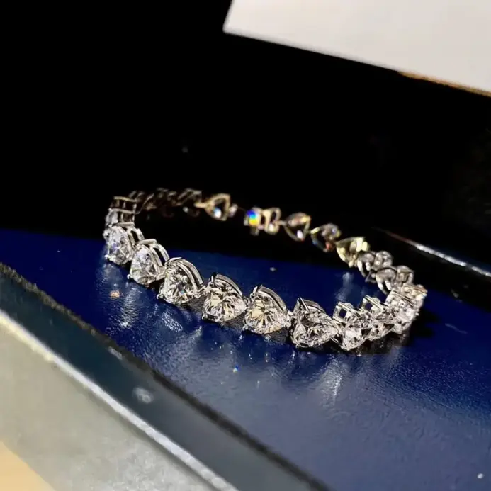 Pulsera de diamantes de laboratorio con corte de corazón de 7mm, 100% Plata de Ley 925 auténtica, brazaletes de compromiso para boda, joyería para mujer 2