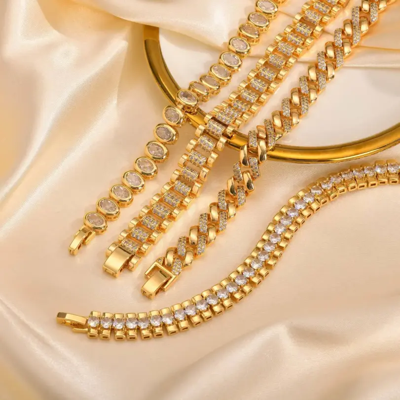 Pulseras de cadena de bloque Vnox para mujer con incrustaciones de circonita cúbica, joyería chapada en oro, regalos para novia 6