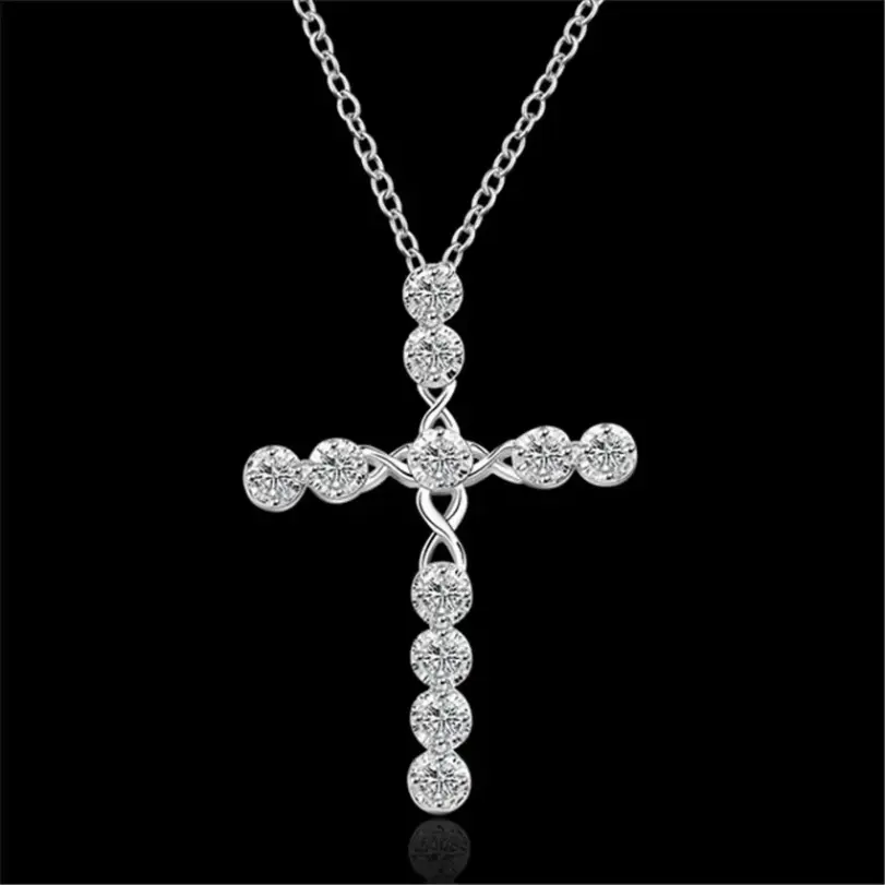 Collar de cristal de Plata de Ley 925 de 45cm, dijes de boda para mujer, joyería de moda noble, cruz clásica, bonito regalo 3
