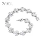 pulseras nupciales de circonia cúbica a la moda para mujer, brazaletes con dijes de hojas de Color oro blanco, joyería de boda de cristal transparente BP2178 4