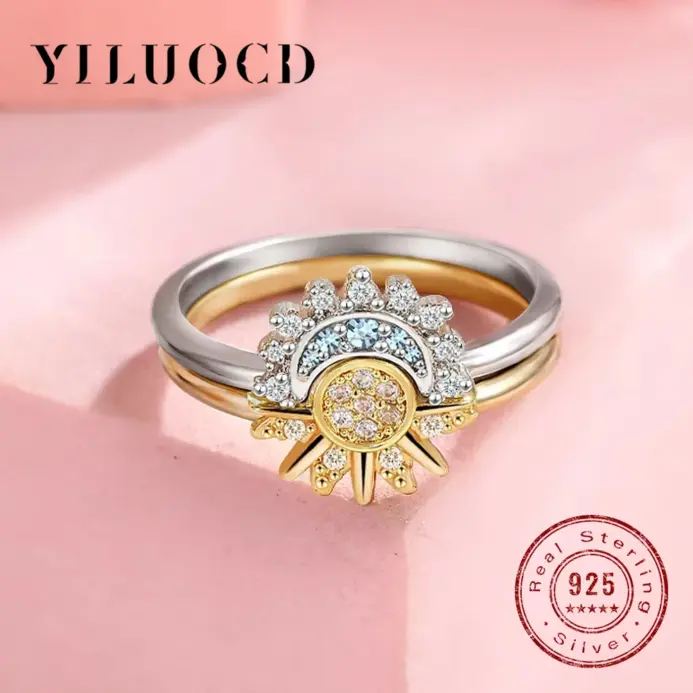 Conjunto de anillos de sol y luna de Plata de Ley 925 para mujer, anillos apilables de circonia cúbica brillante, joyería fina para pareja de promesa 1