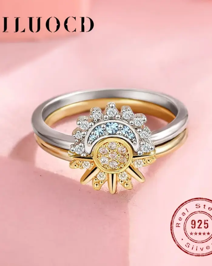 Conjunto de anillos de sol y luna de Plata de Ley 925 para mujer, anillos apilables de circonia cúbica brillante, joyería fina para pareja de promesa 1