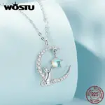 collares de plata de ley 925 con forma de gato y Luna, colgante de circonitas de cristal, cadena ajustable para el cuello, regalo de joyería fina 4